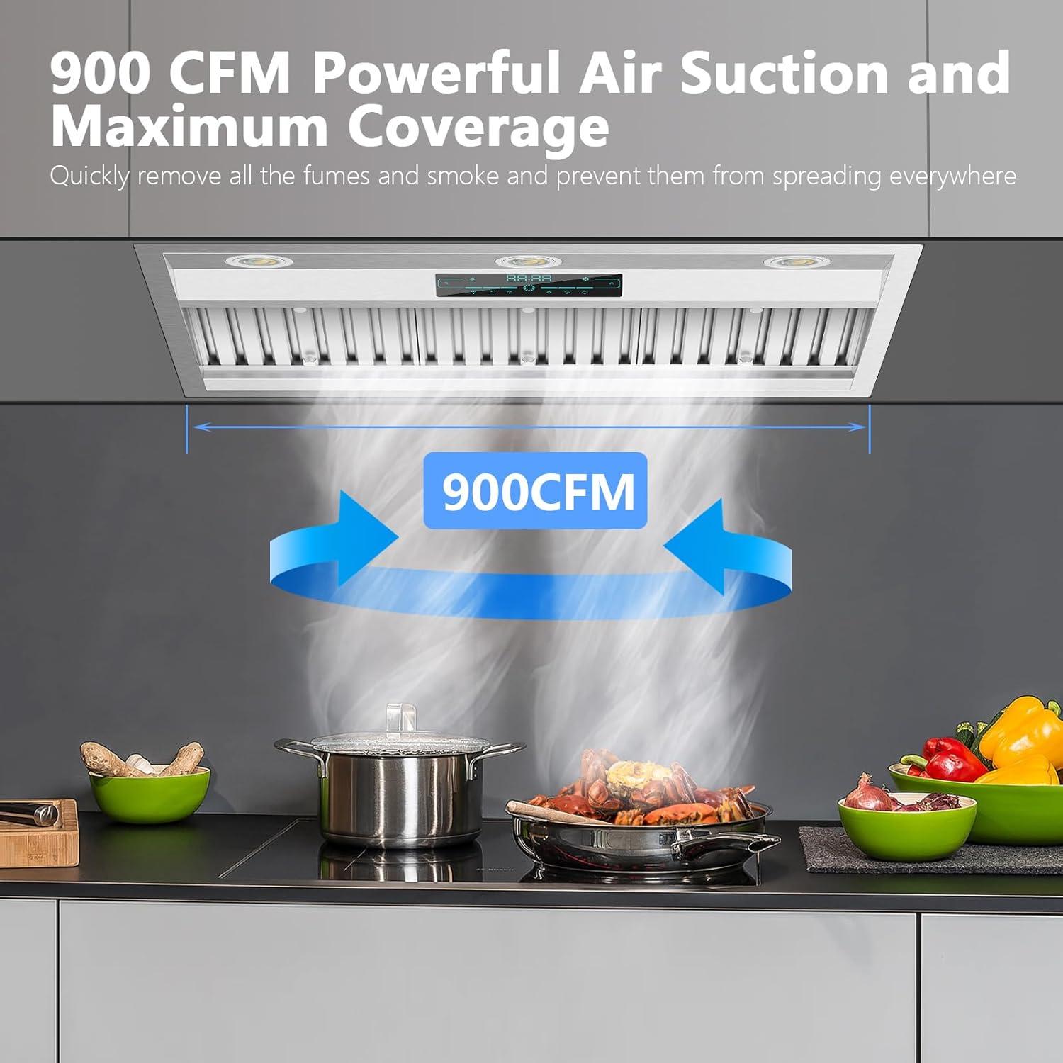 30" Convertible Insert Range Hood 900 CFM 4 Speeds Gesture Control with Charcoal Filter LED Light in Stainless Steel Silver