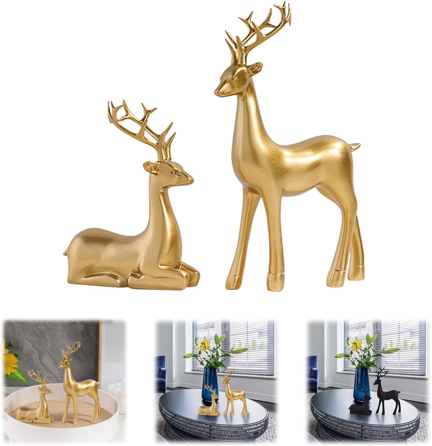 Kedshhgu 2 Pcs Small Reindeer Sculpture Resin Christmas Reindeer Elk Mini Xmas Deer Statue Animal Table Centerpiece for Home Living Room Office Decor