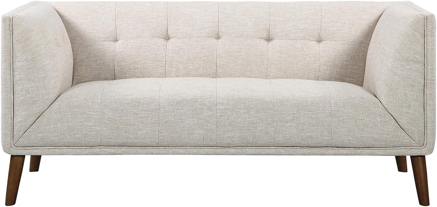 Hudson Gray Loveseat Button-Tufted Linen and Walnut Legs