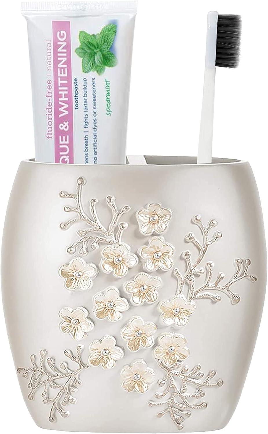 Beige Floral Resin Freestanding Toothbrush Holder