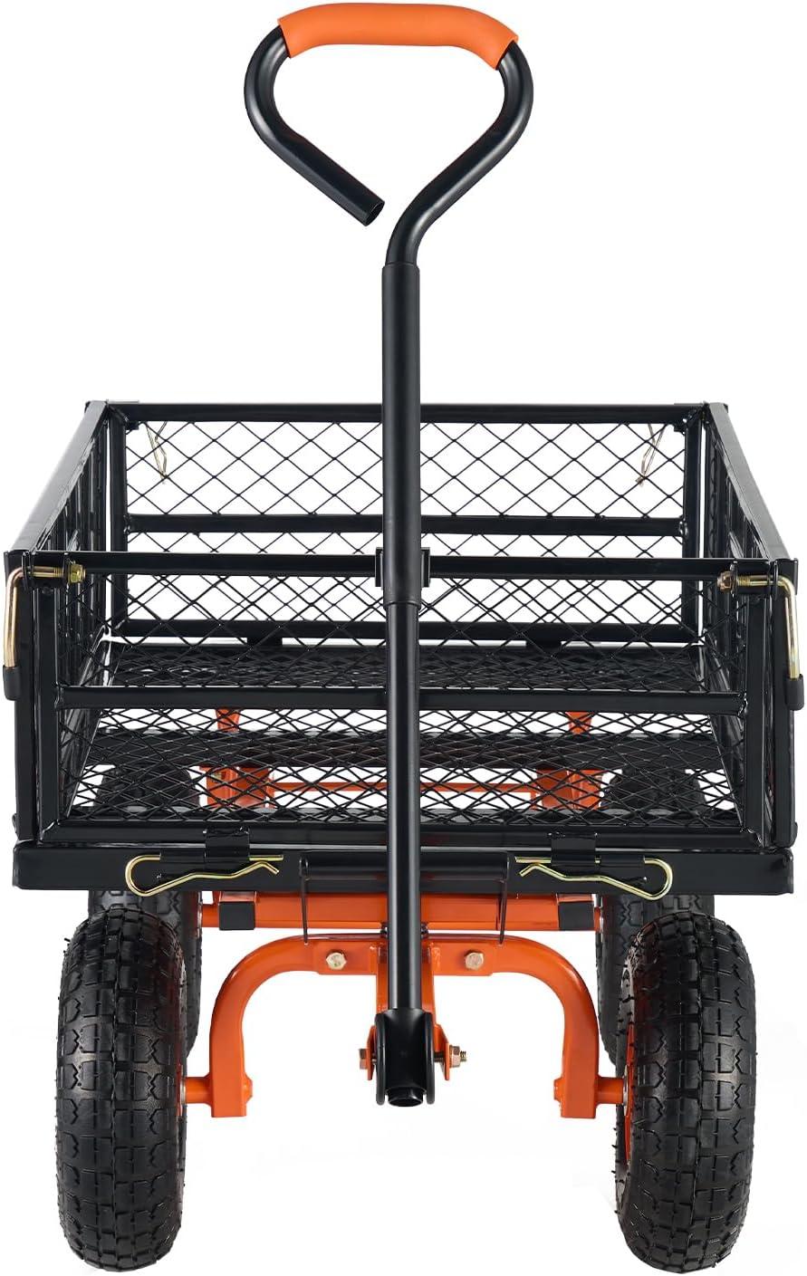 Heavy Duty Black and Orange Steel Garden Dump Cart with Adjustable Handle