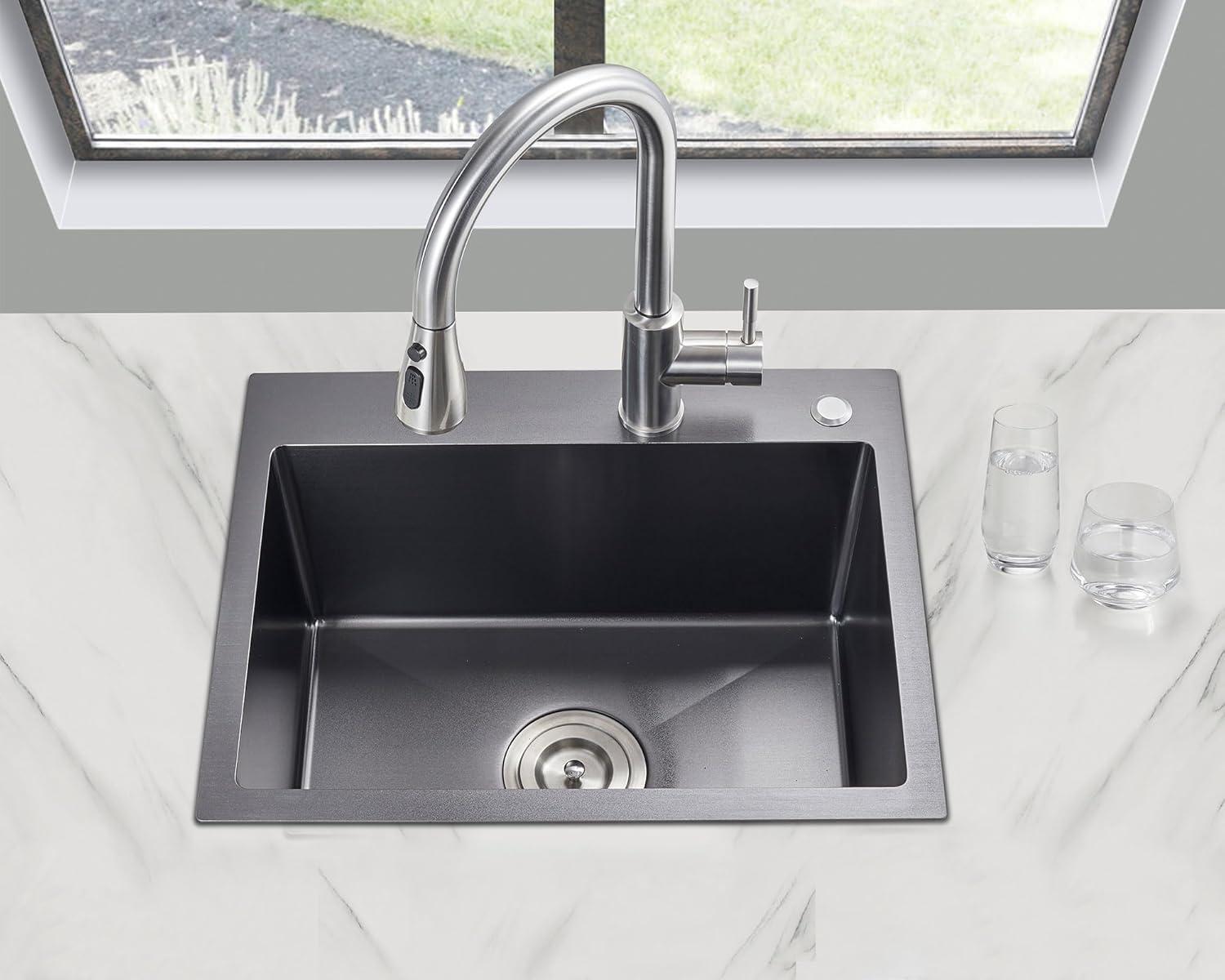 MENATT 20-inch Top-Mount Handmade Kitchen Sink, SUS304 Stainless Steel Drop in Kitchen Single Bowl Sink with Basket Strainer (Black), 20"x16"x9"