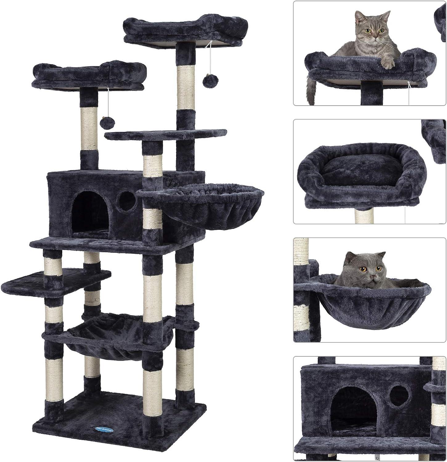 Hey-brother Cat Tree for Large Cats, Cat Tower with Scratching Posts, 2 Padded Plush Perches, Big Condo and Cozy Basket, Smoky Gray MPJ025G