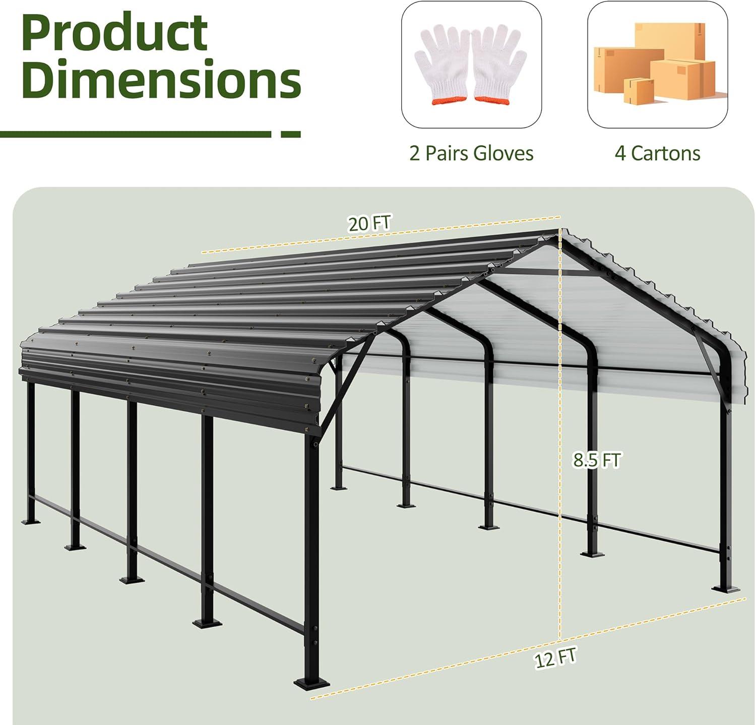 12' x 20' Gray Metal Carport with Galvanized Steel Roof