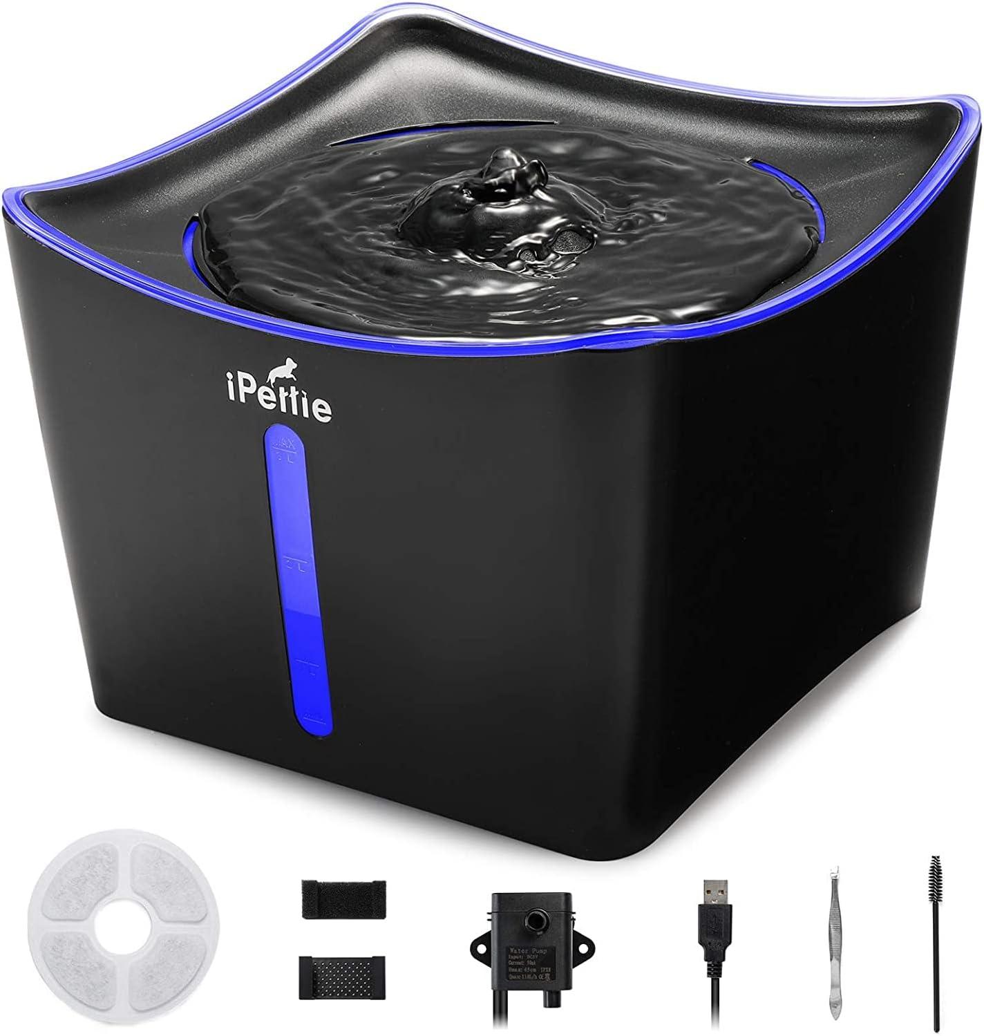 iPettie Kamino LED Light Pet Water Fountain 3L/101oz, Ultra-Quiet Automatic Water Dispenser with Water Level Window, USB Pump & Dual Filters for Cats and Dogs