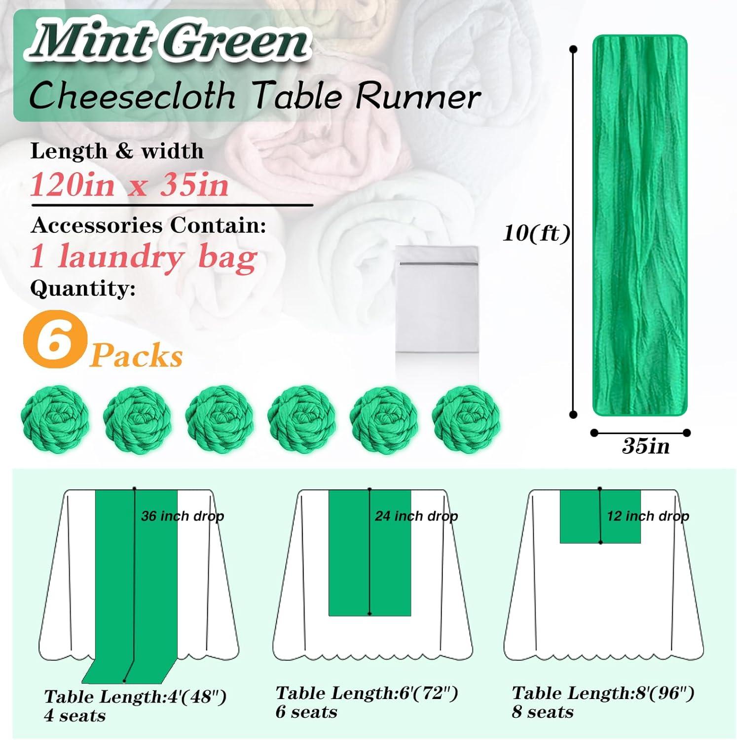 Mint Green Cheesecloth Table Runner 6 Pack 35" Boho Gauze Runner 120 inches Long Tablecloth Runner Rustic Sheer Fabric Bulk for Baby Shower Wedding Bridal Birthday Party Table Decorations