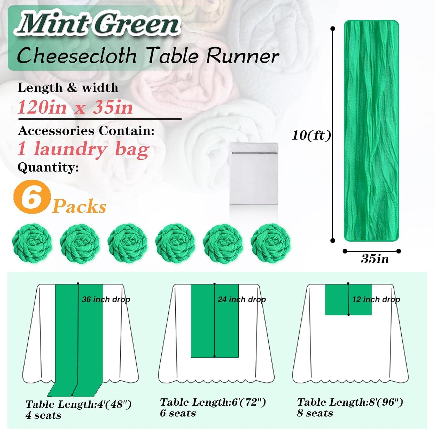 Mint Green Cheesecloth Table Runner 6 Pack 35" Boho Gauze Runner 120 inches Long Tablecloth Runner Rustic Sheer Fabric Bulk for Baby Shower Wedding Bridal Birthday Party Table Decorations