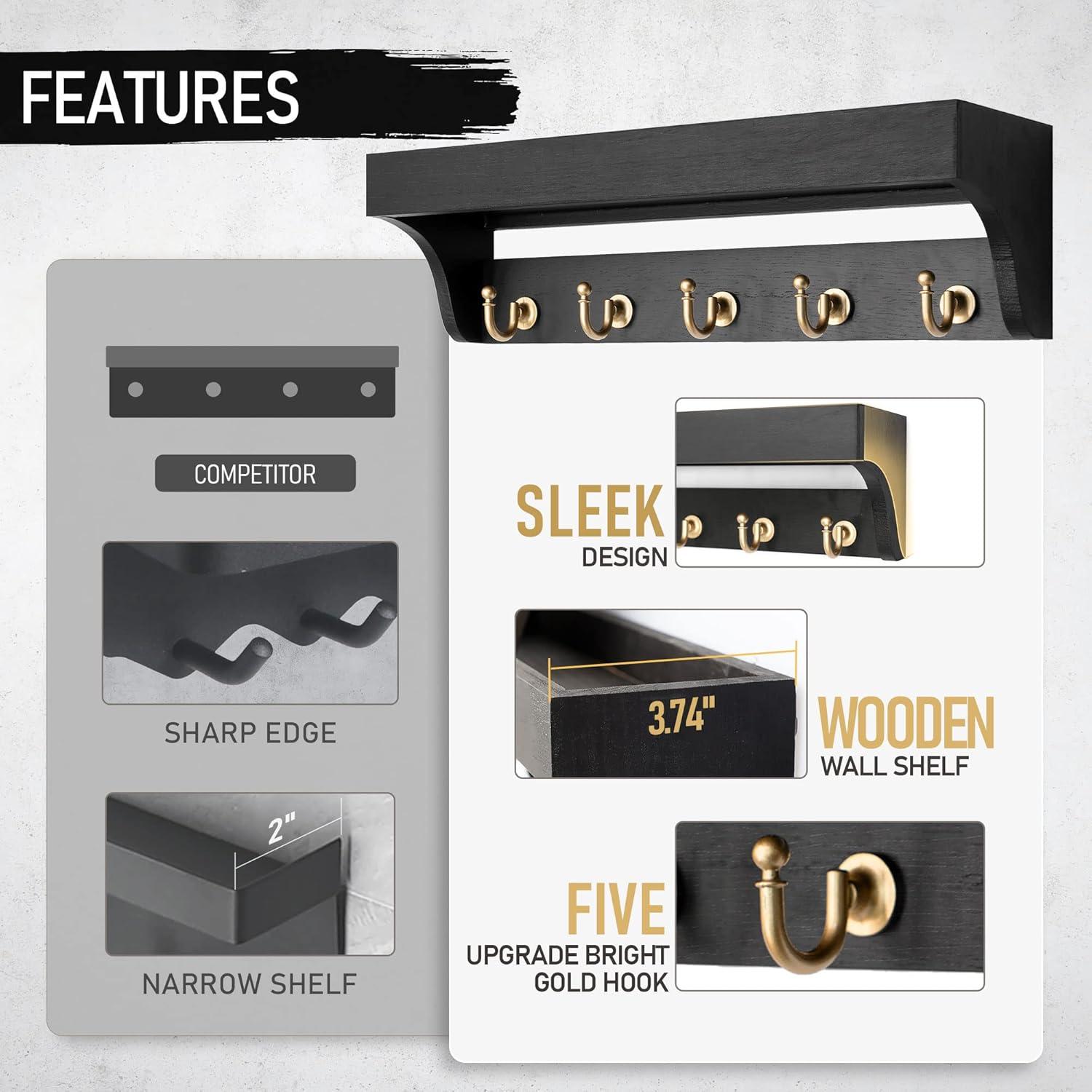 Rebee Vision Decorative Key Holder Wall Mount with Shelf - Modern Mail Organizer with 5 Key Hooks (Black)