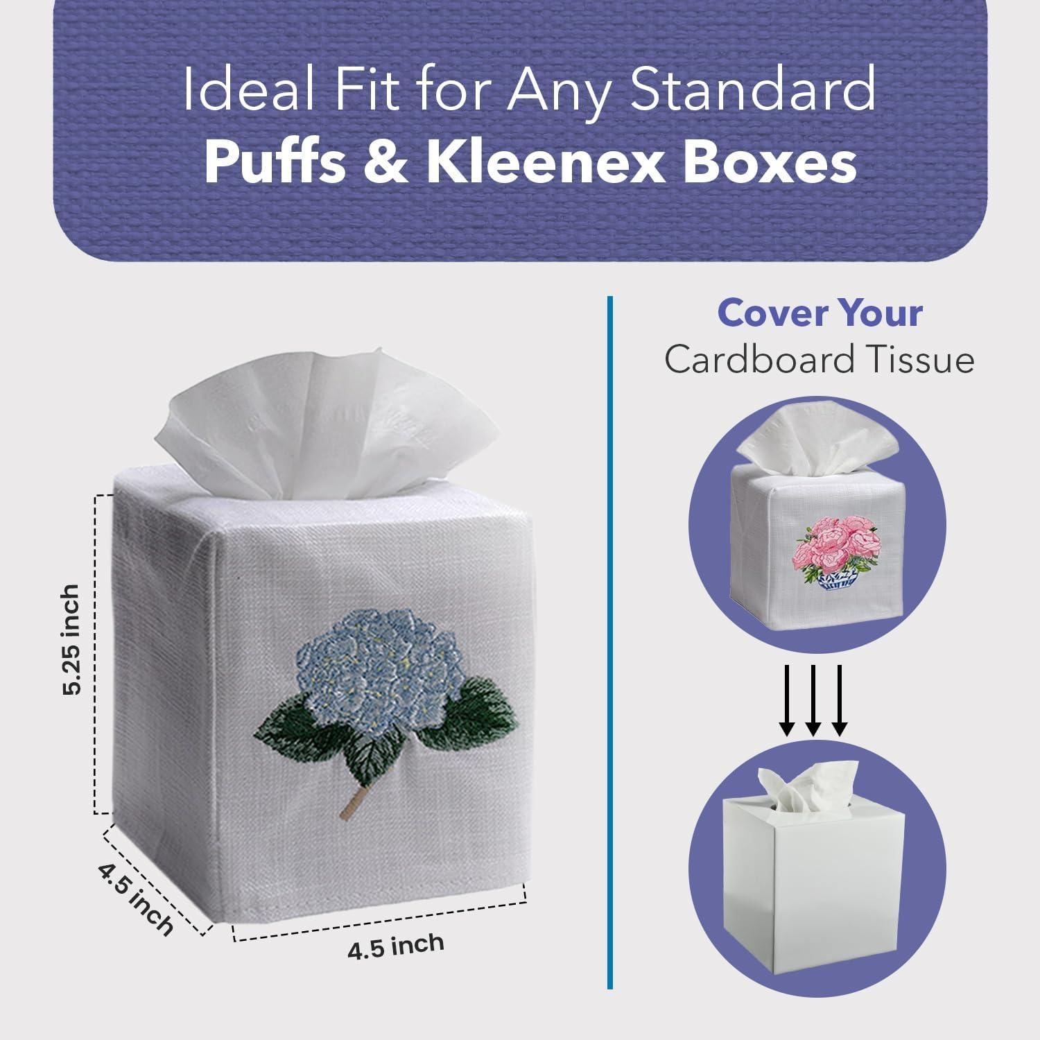White Linen Square Tissue Box Cover with Blue Embroidered Botanical Design
