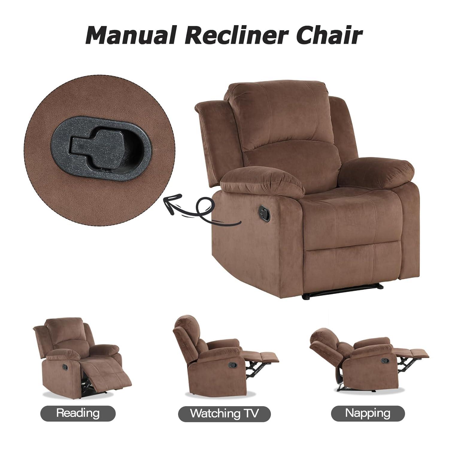 CANMOV Manual Recliner Chair, Soft Fabric Overstuffed Recliner Single Sofa Chair for Living Room Bedroom, Heavy Duty and Safety Reclining Mechanism, Light Brown