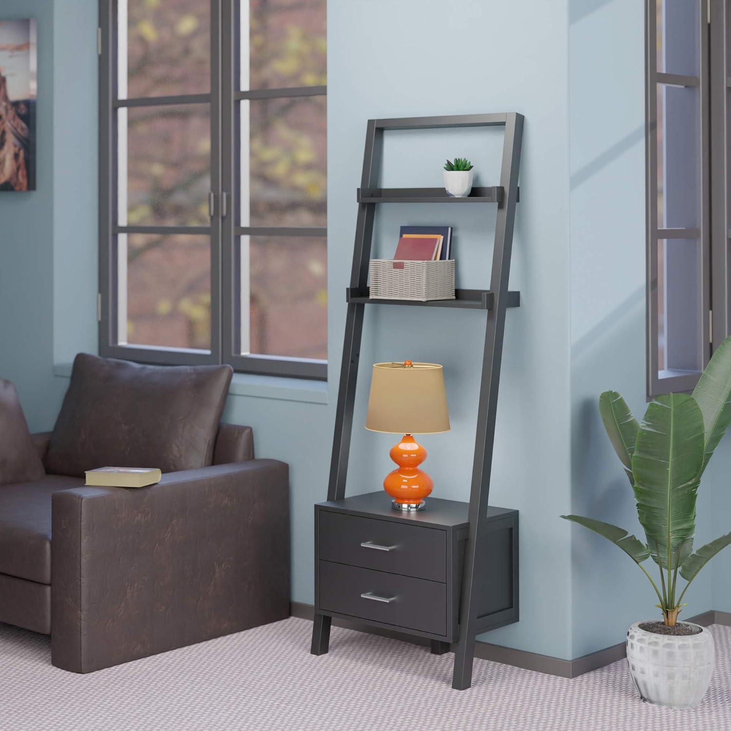 Bellamy Sleek Black Wood Leaning Ladder Bookcase with Storage