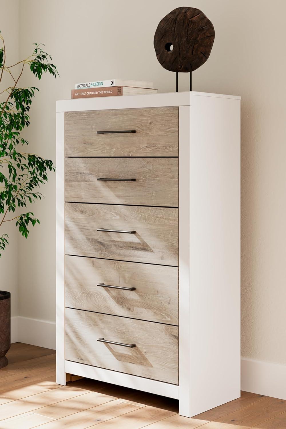 White and Light Brown 5-Drawer Transitional Chest