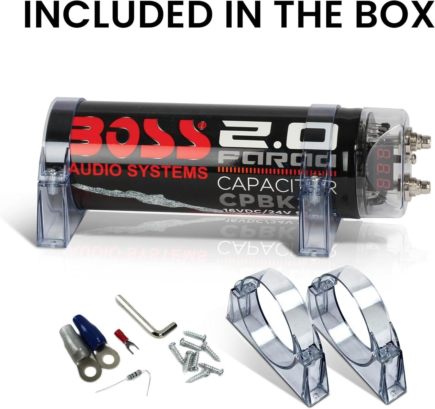 BOSS Audio Systems Cap18 - 18 Farad Car Audio Capacitor - Energy Storage, Enhance Bass From Stereo, Warning Reverse Polarity Tone, Voltage Overload Low Battery Voltage Led, For Amplifier and Subwoofer