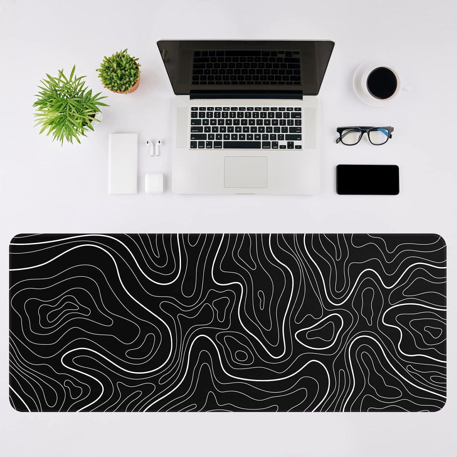 Mouse Pad Gaming Mousepad 31.5 x 11.8in Large Mouse Pad for Keyboard and Mouse with Anti-Slip Rubber Base, Keyboard Pad XL Mouse Mat for Home and Office（Black with White Topographic Line）