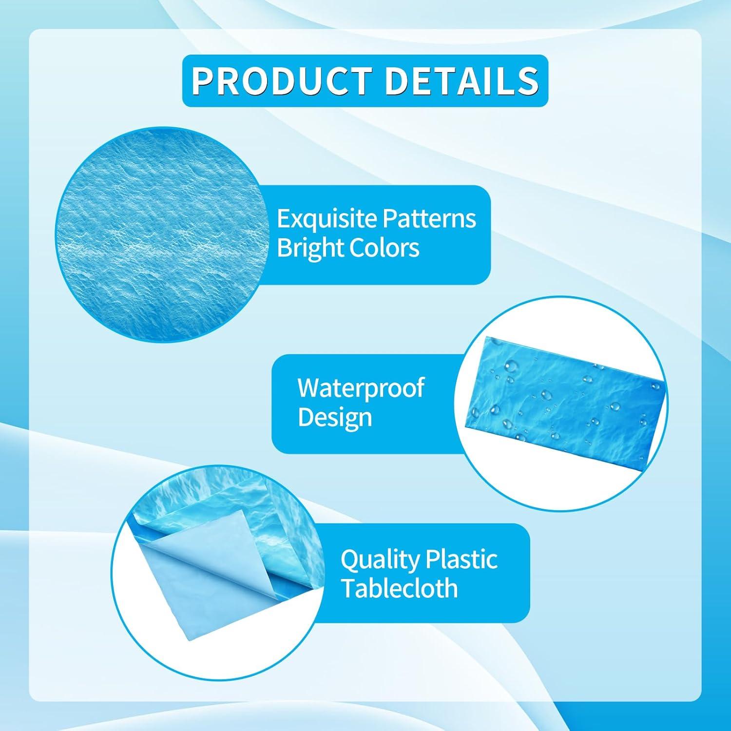 3-Piece 54 x 108 Inch Ocean Wave Plastic Tablecloth - Realistic Water Design, Disposable Rectangle Table Cover for Dining, Picnic, Beach Party, Sea Theme, Pool Party, Summer Indoor Outdoor Decoration