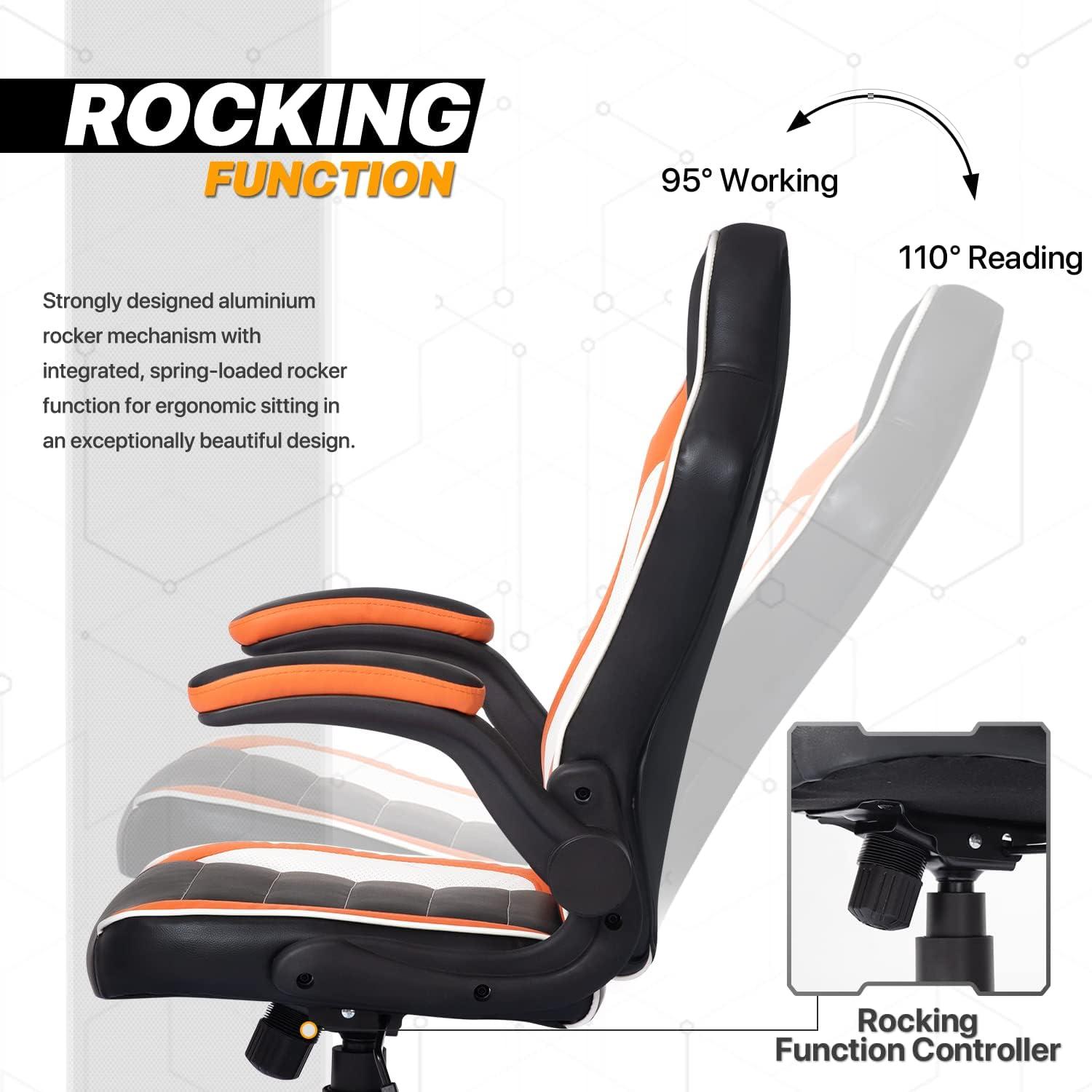 MoNiBloom Swivel PC Game Chair + PVC Mat, High-Back with Adjustable Handrail, Orange