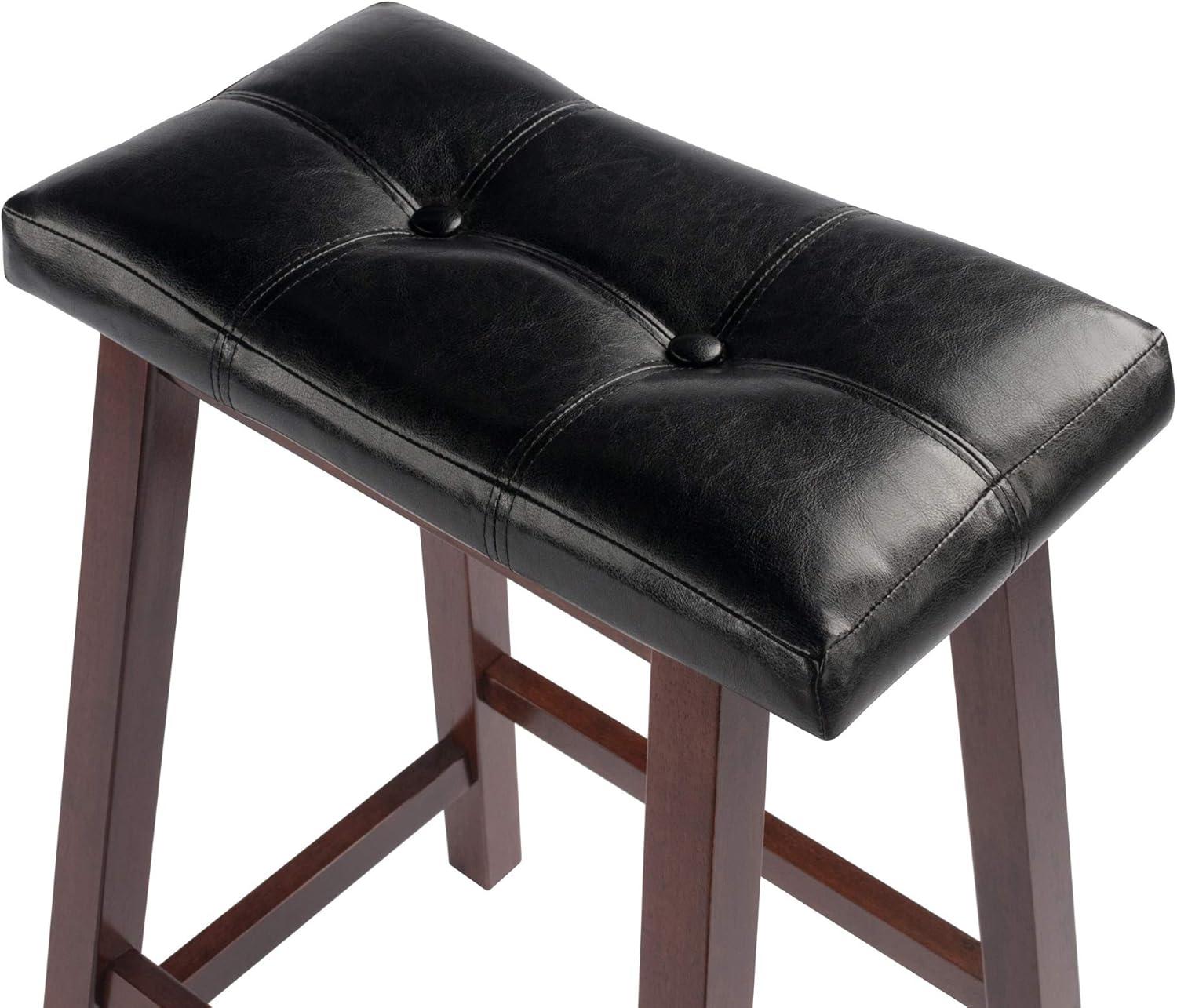 Black Faux Leather and Walnut Wood Saddle Counter Stool