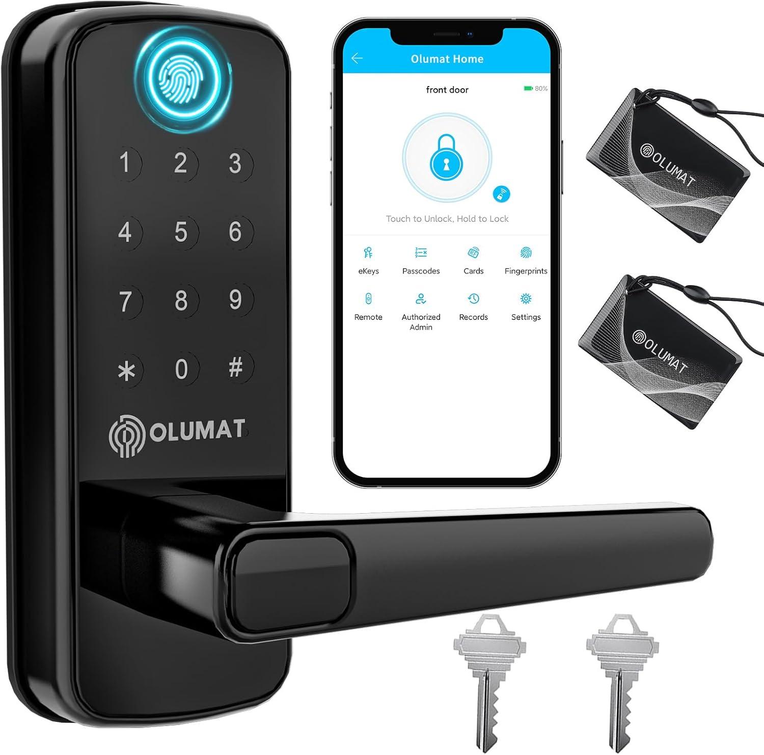 Smart Door Lock, OLUMAT Keyless Entry Door Lock Fingerprint Door Lock with Keypad Digital Door Lock with Handle for Home, Rental, Office and Hotel-Black