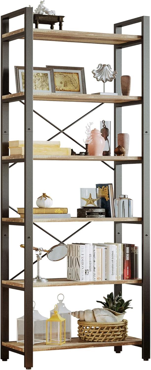 Industrial Brown 6-Tier Adjustable Ladder Bookshelf with Metal Frame