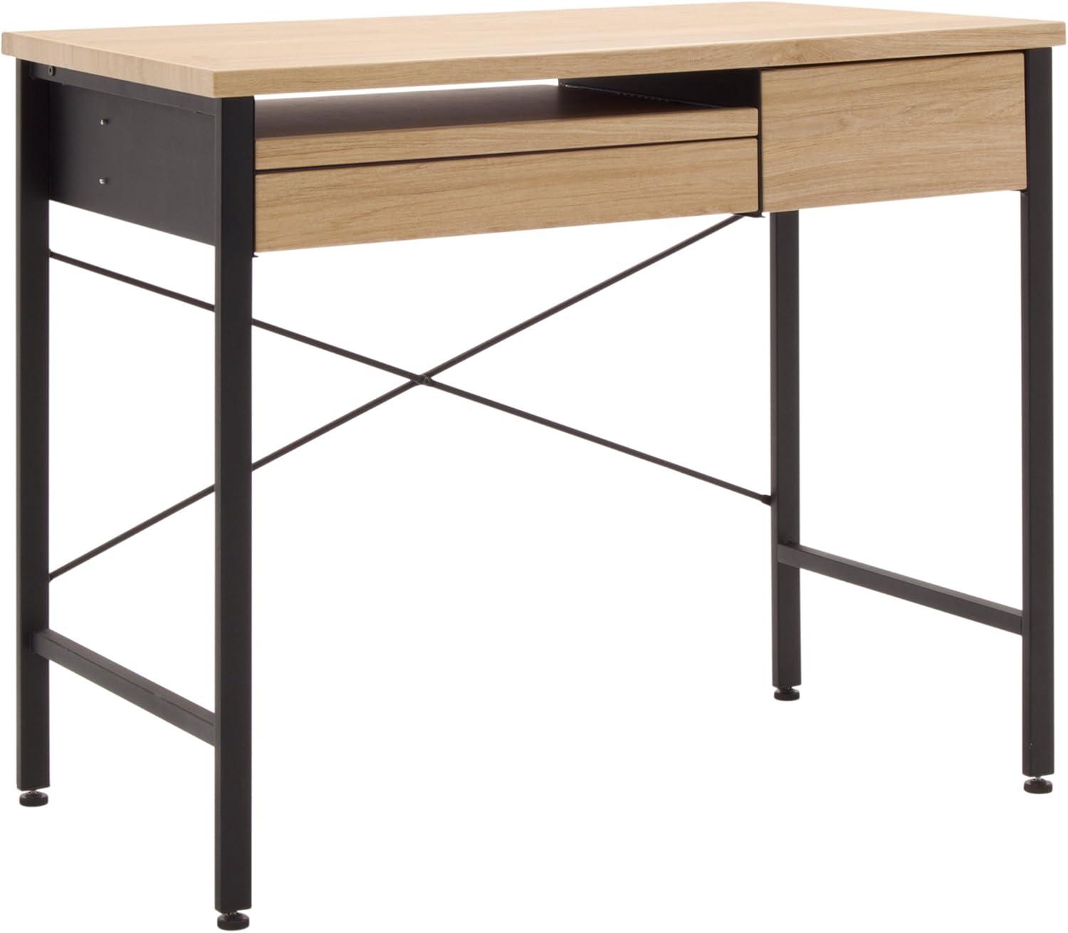 studio designs Ashwood Compact Home Office Desk with Drawers in Ashwood/Black: Laminated Writing Desk with Metal Frame, Keyboard Tray