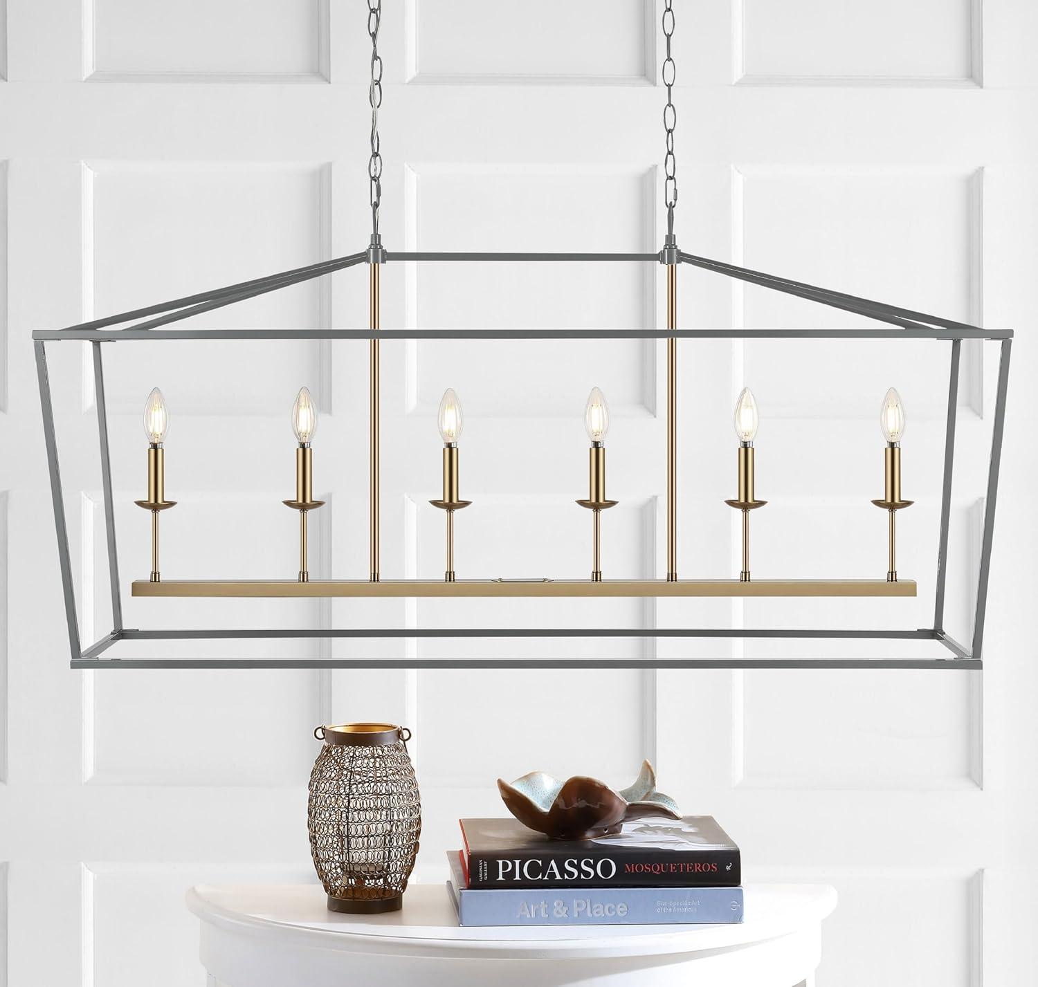 Pagoda 49" Linear 6-Bulb Classic Traditional Metal LED Pendant, Gray/Brass Gold