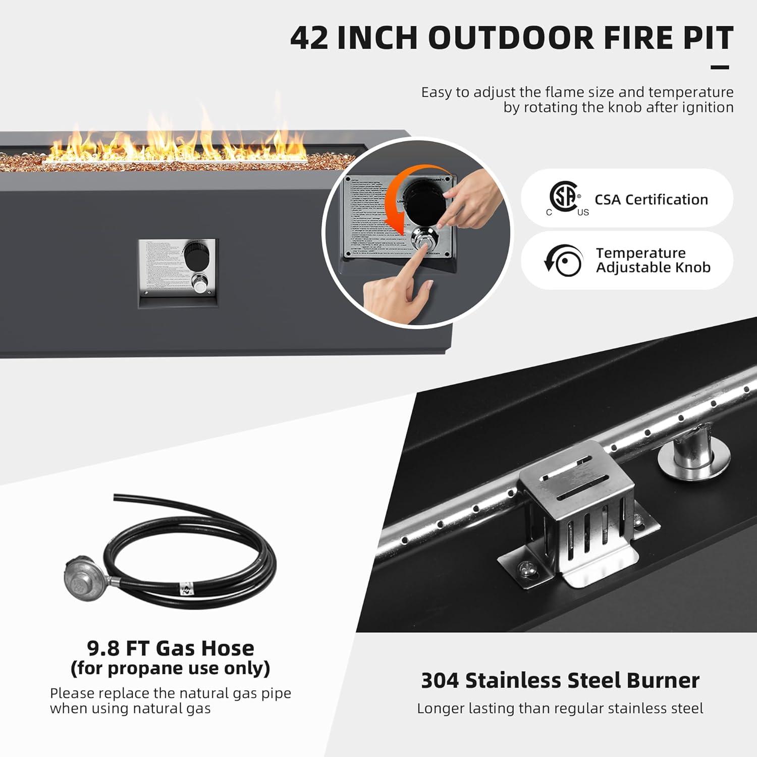 UPHA 42-inch Outdoor Propane Rectangle Fire Pit Table 50000 BTU Iron Gas FirePit for Outside Patio with Tank Cover, Removable Lid, Lava Rocks, Rain Cover, Grey