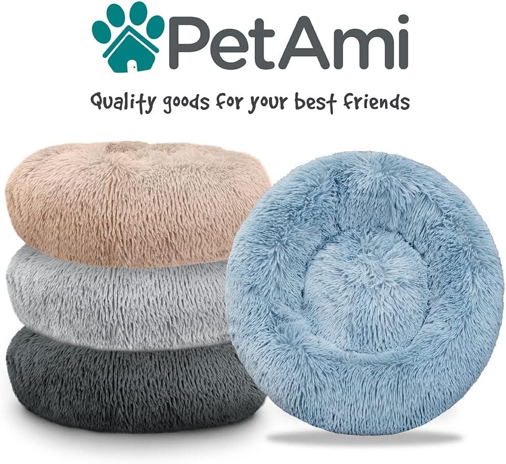 PetAmi Calming Dog Bed for Puppy Cat Kitten, Round Washable Pet Bed, Anti Anxiety Cuddler, Fluffy Plush Circular Donut Bed (Dusty Blue, Small - 23")