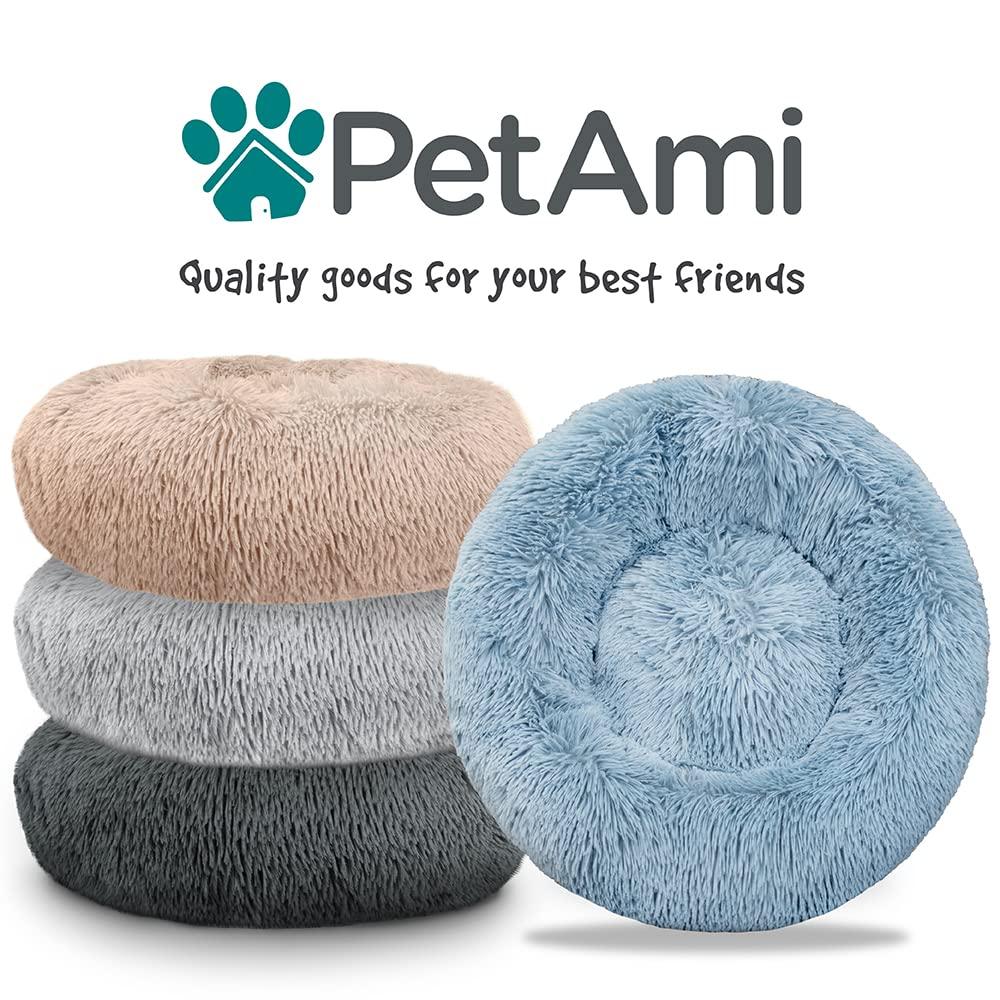 PetAmi Calming Dog Bed for Puppy Cat Kitten, Round Washable Pet Bed, Anti Anxiety Cuddler, Fluffy Plush Circular Donut Bed (Dusty Blue, Small - 23")