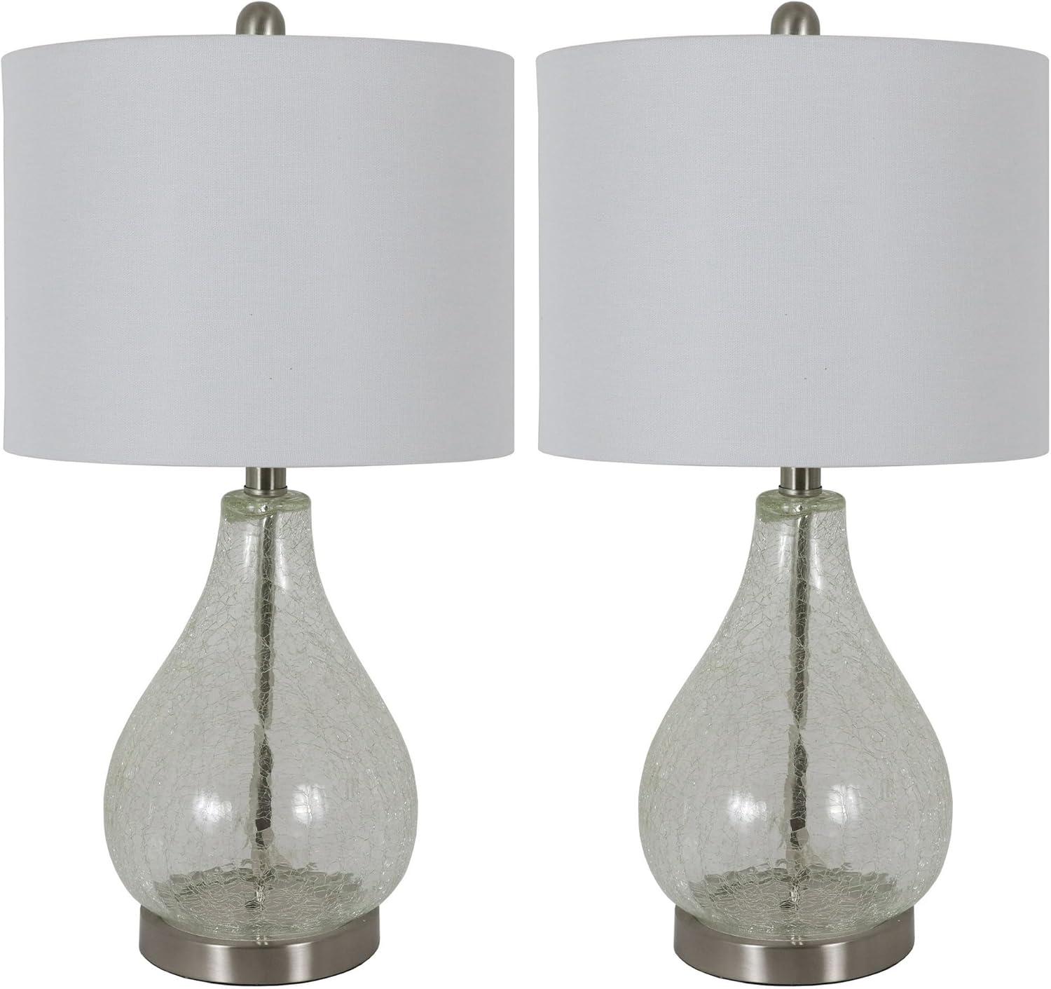 Set of 2 Clear Crackled Glass Teardrop Table Lamps with White Linen Shades