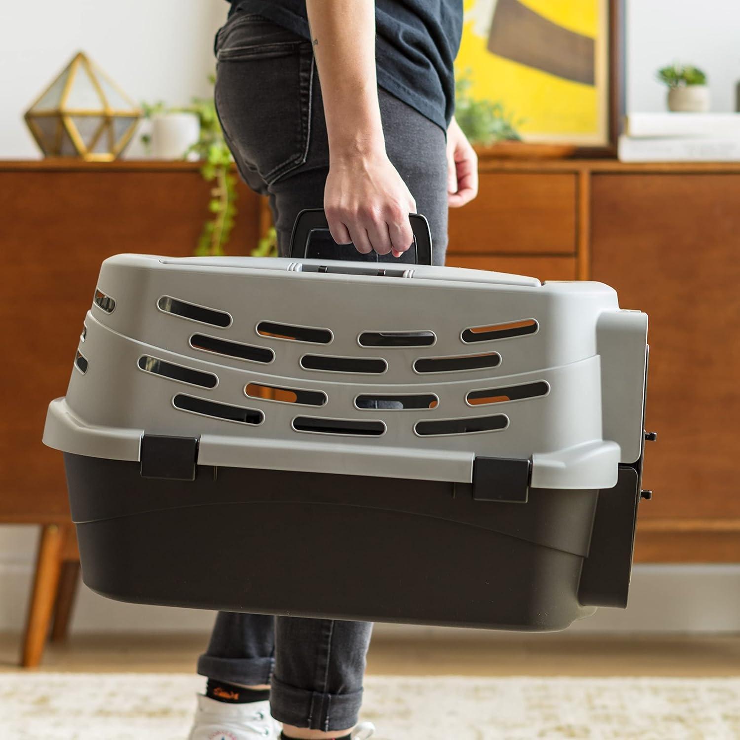 IRIS USA 23" Small Pet Travel Carrier with Front and Top Access, 2-Door Top Load, Hard-Sided Training Crate for 18 Lbs, Black/Gray