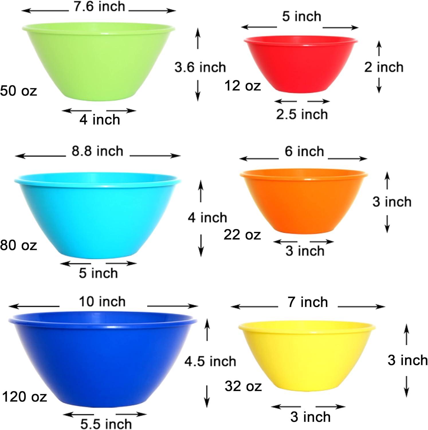 Rainbow Colors 6-Piece Reusable Plastic Mixing and Serving Bowls Set