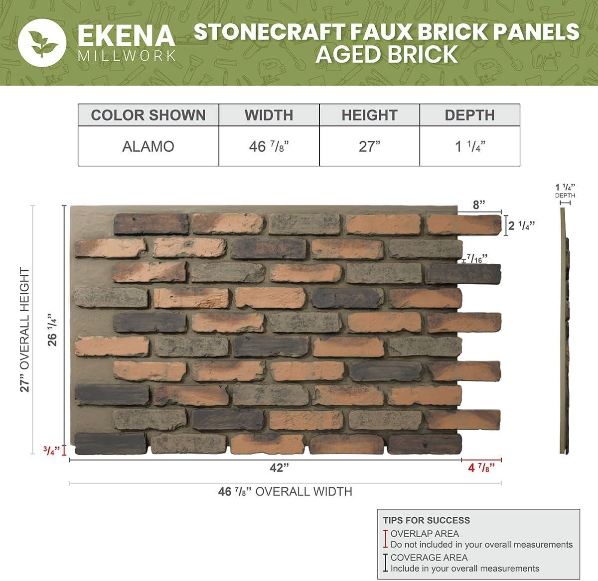 StoneCraft Aged Brick Faux Brick Panel, 46 7/8"W x 27"H x 1 1/4"D