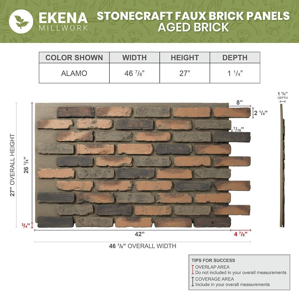 StoneCraft Aged Brick Faux Brick Panel, 46 7/8"W x 27"H x 1 1/4"D