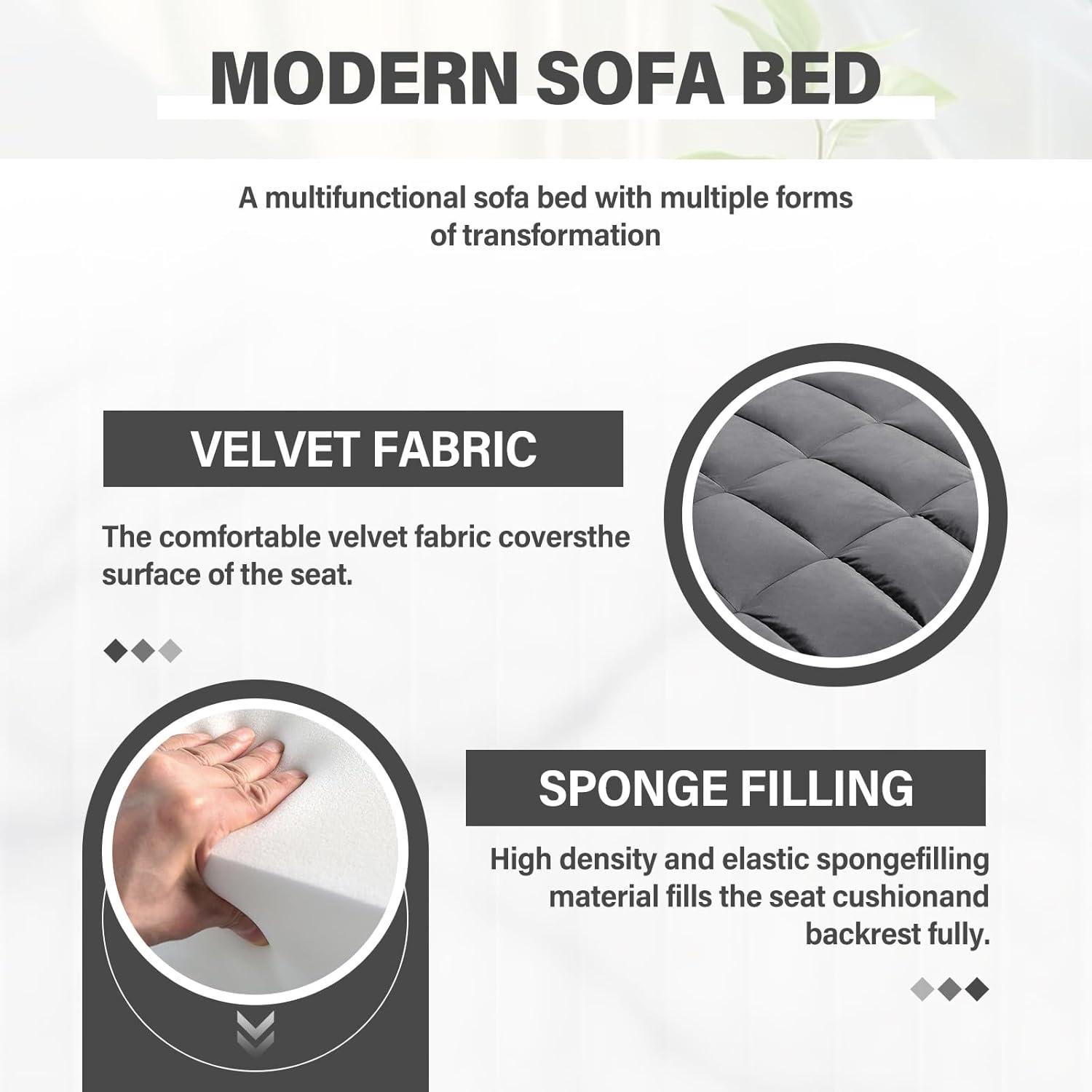 Convertible Sofa Bed,3-in-1 Velvet Sleeper Couch Pull-Out Bed,55'' Loveseat Sleeper Sofa Bed with Adjustable Backrest with Pillows and Storage Bag & USB Port and Hidden Side Computer Table,Dark Gray