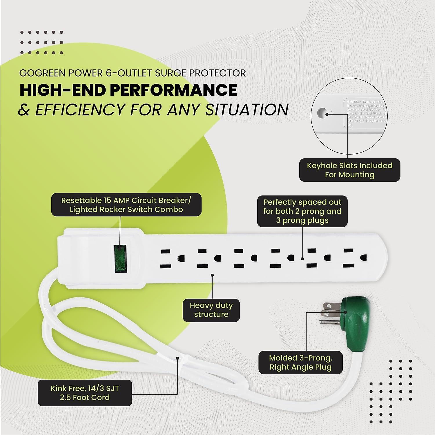 GoGreen Power (GG-16103MS) 6 Outlet Surge Protector, 160 Joules, White, 2.5 Ft. Cord