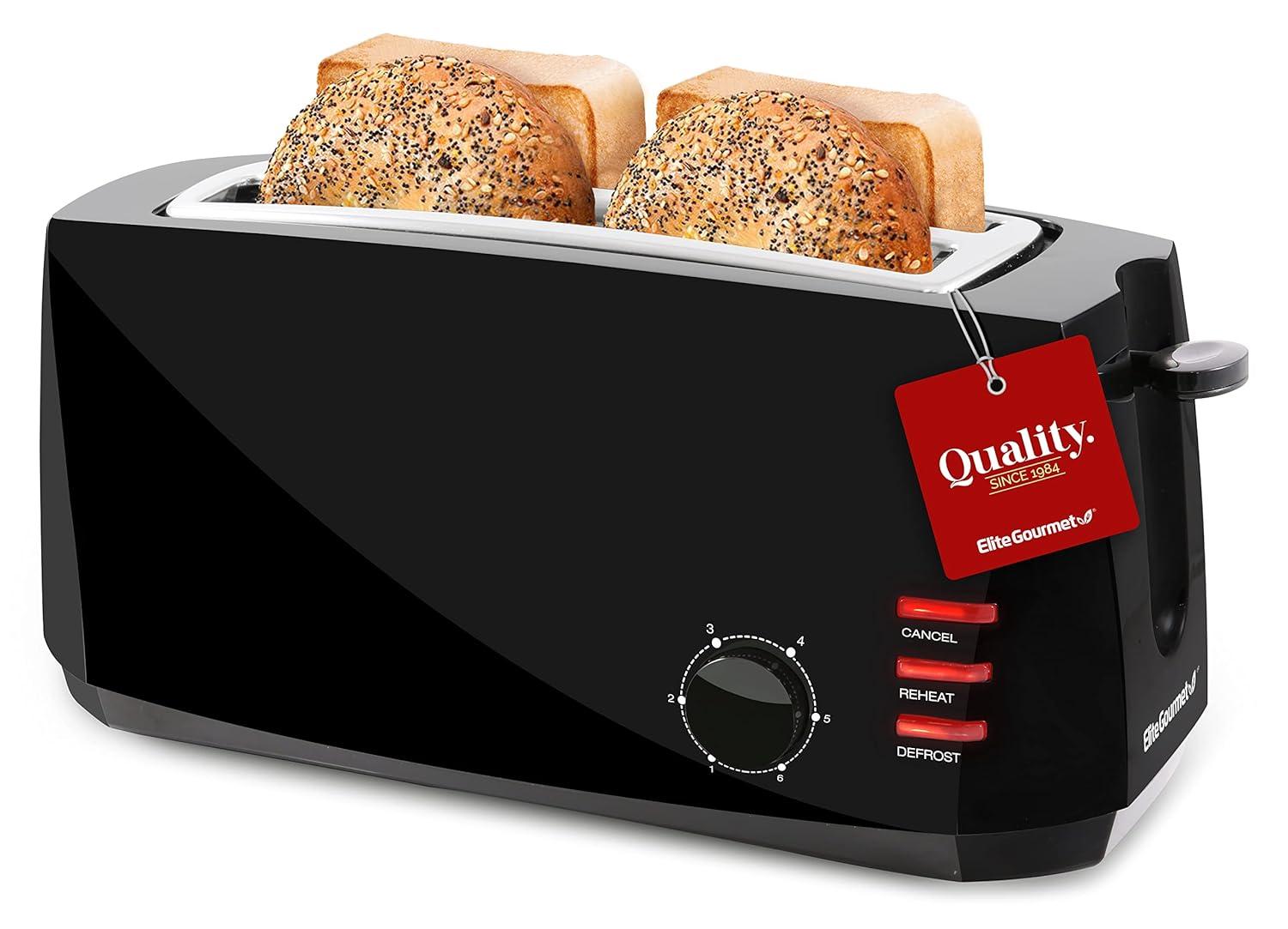 Elite Gourmet ECT4829B Long Slot 4 Slice Toaster, 6 Toast Settings Toaster Defrost, Reheat, Cancel Functions, Slide Out Crumb Tray, Extra Wide Slots for Bagels Waffles, Black
