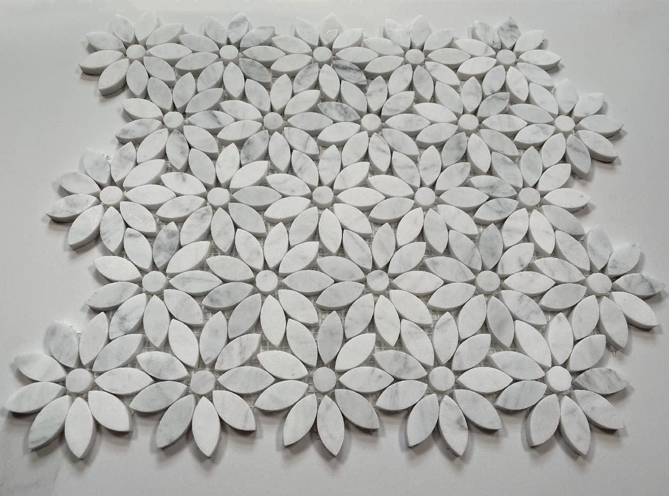 Carrara White Marble Daisy Flower Mosaic Tile Sheet