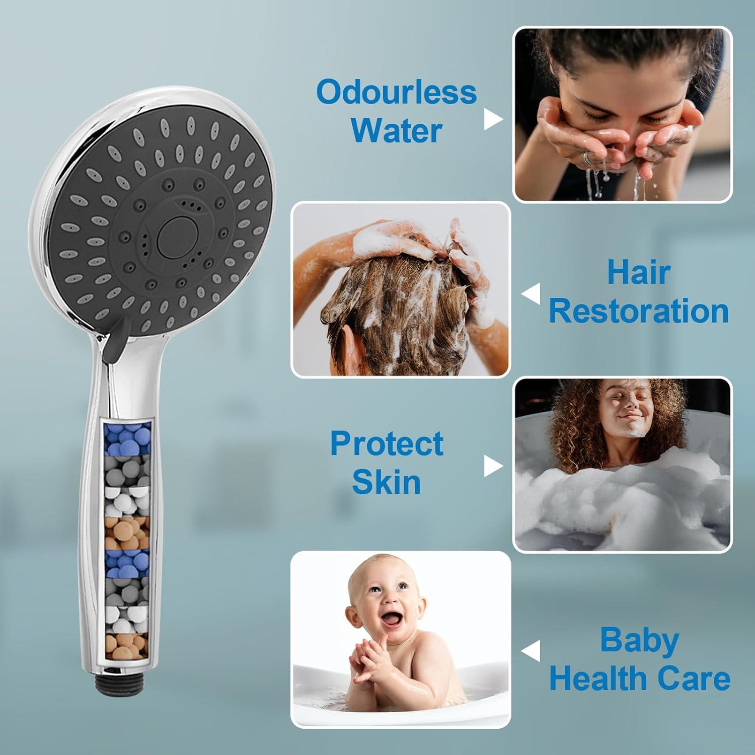 Chrome Handheld Shower Head with Filter and 5 Spray Modes