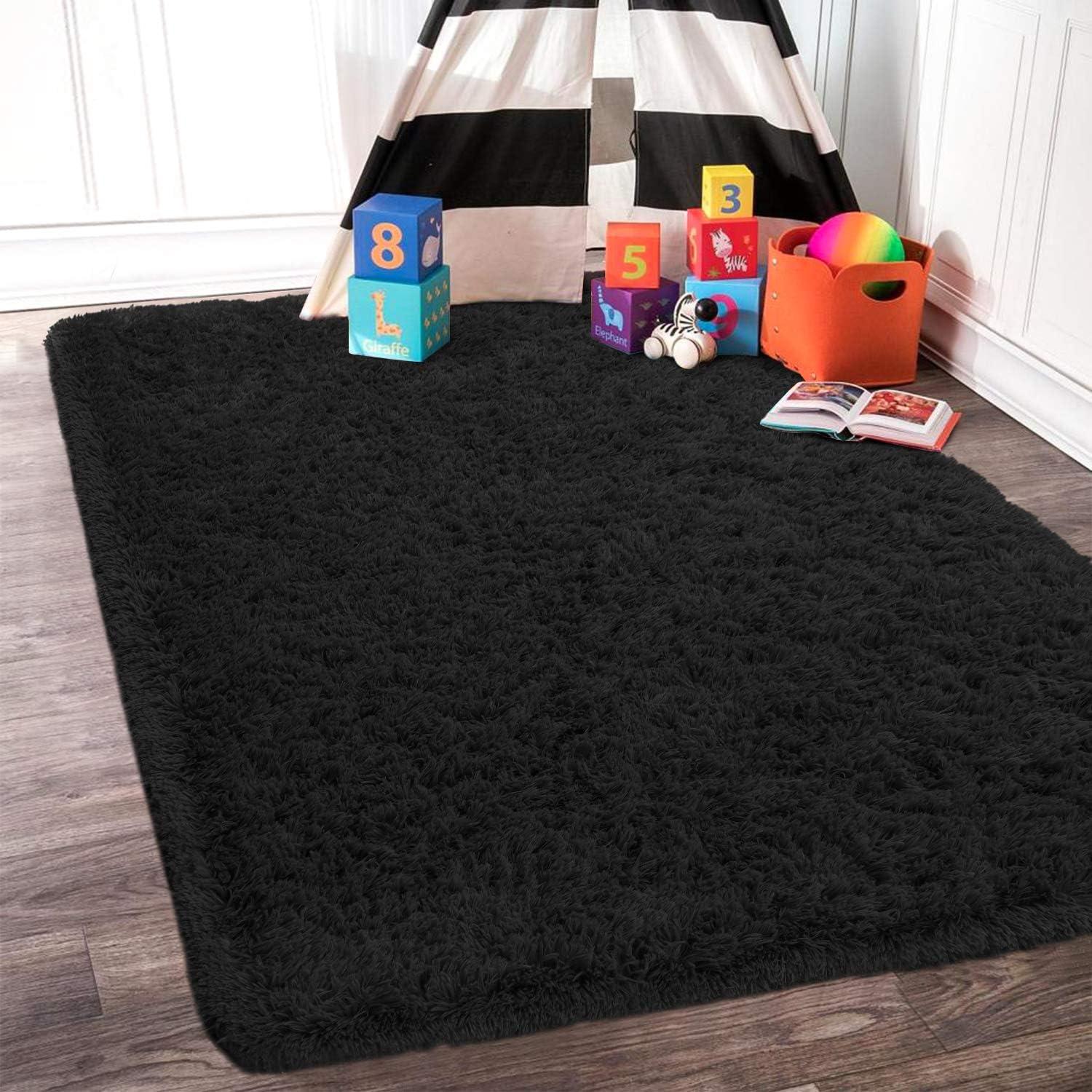 YJ.GWL Soft Fluffy Area Rugs for Bedroom Shaggy Living Room Rug Carpets for Bedroom Home Decor,4'x6',Black