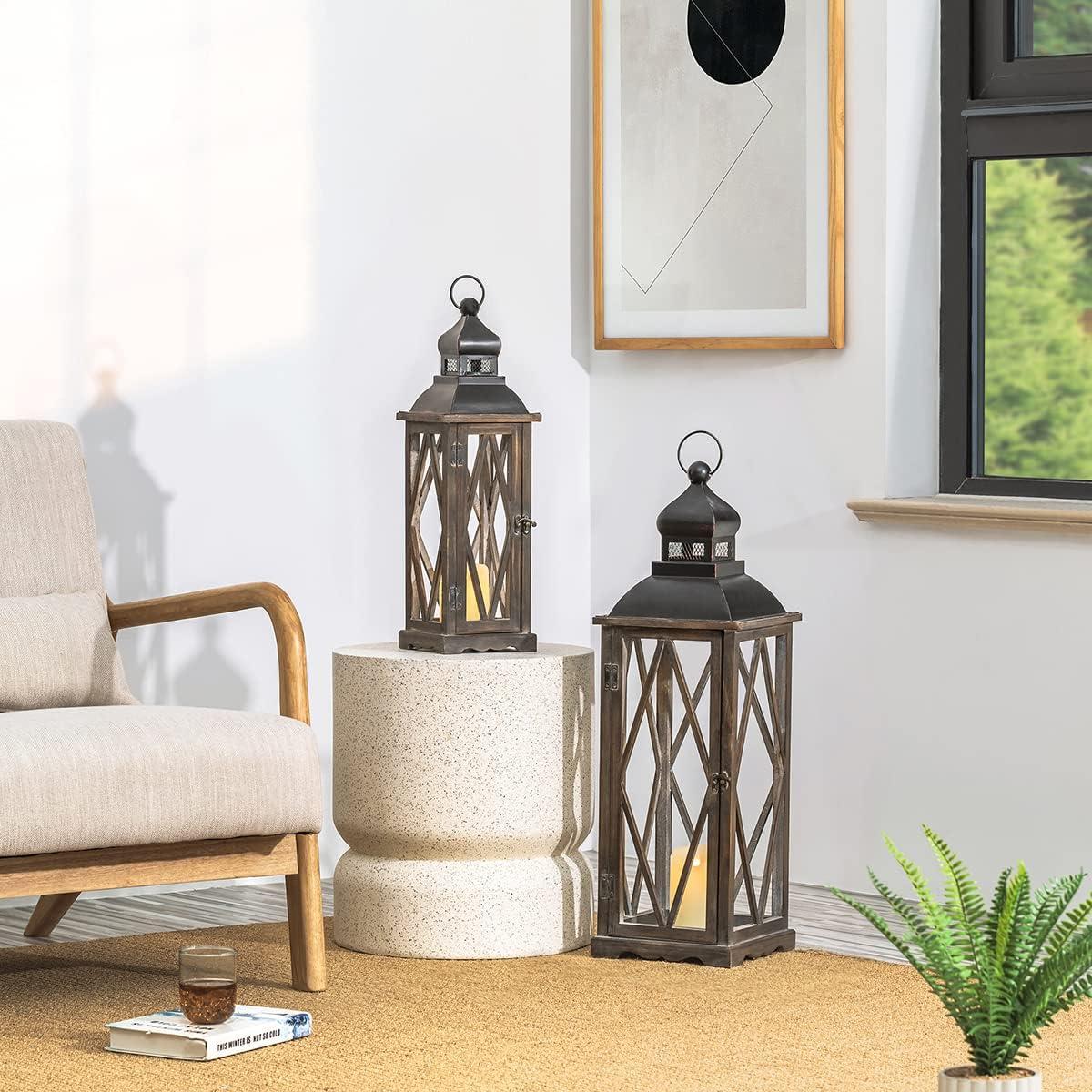 Glitzhome 2 Pack Farmhouse Wood/Metal Decorative Candle Lanterns Vintage Hanging Lantern for Patio - Tabletop, Black (No Glass)