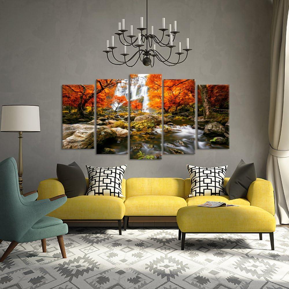 KREATIVE ARTS - Autumn Forest Waterfalls 5 Piece Modern Wrapped Giclee Canvas Prints Artwork Landscape Tree Paintings Pictures on Canvas Wall Art for Living Room (Large Size 60x32inch)