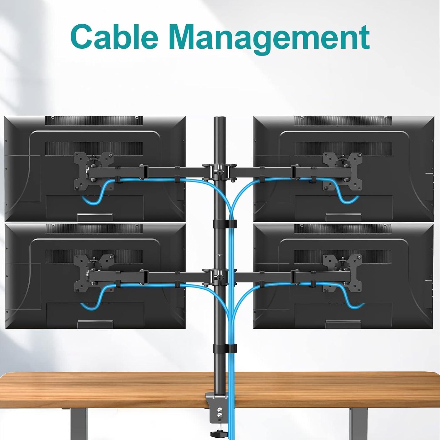 Black Quad Monitor Stand with Adjustable Arms and C Clamp Base