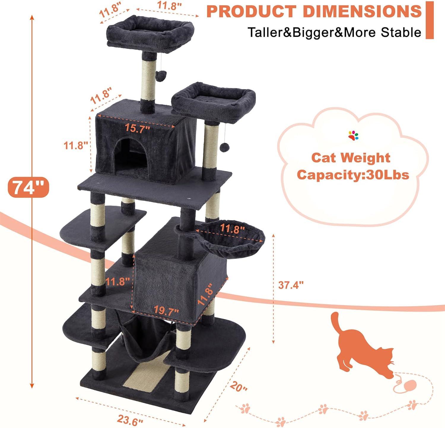 MDEAM Cat Tree 74 Inch Multi-Level Large Cat Tower with 16 Sisal Scratching Posts,2 Caves,2 Perches,Hammock,Scratching Board,Basket,Cozy Plush Cat Perches for Indoor Large Cats(Light Gray)