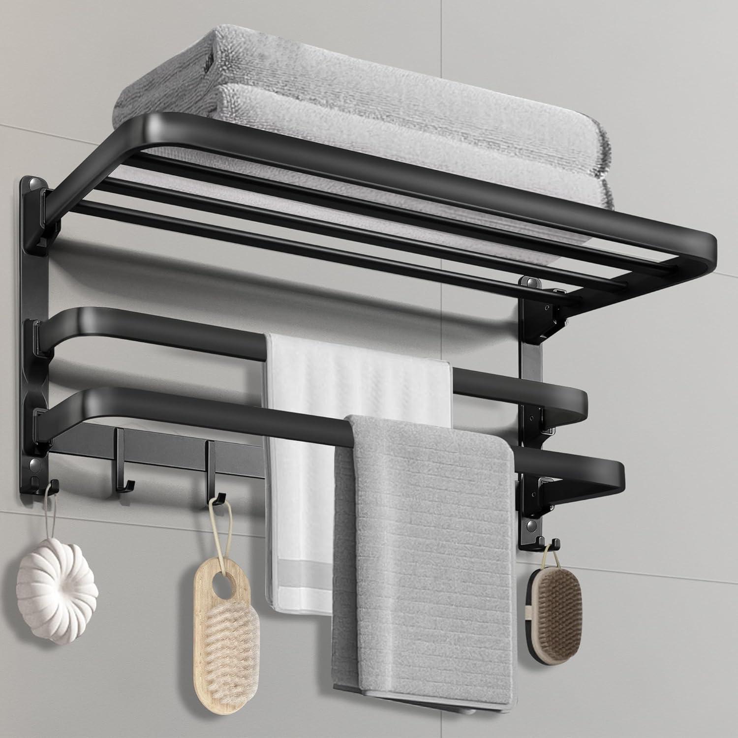 VOLDRA Towel Racks for Bathroom, 24-Inch Towel Shelf with Towel Bar Foldable Towel Holder with 7 Hooks Towel Storage Organizer for Bathroom & Lavatory Wall Mounted(Matte Black)