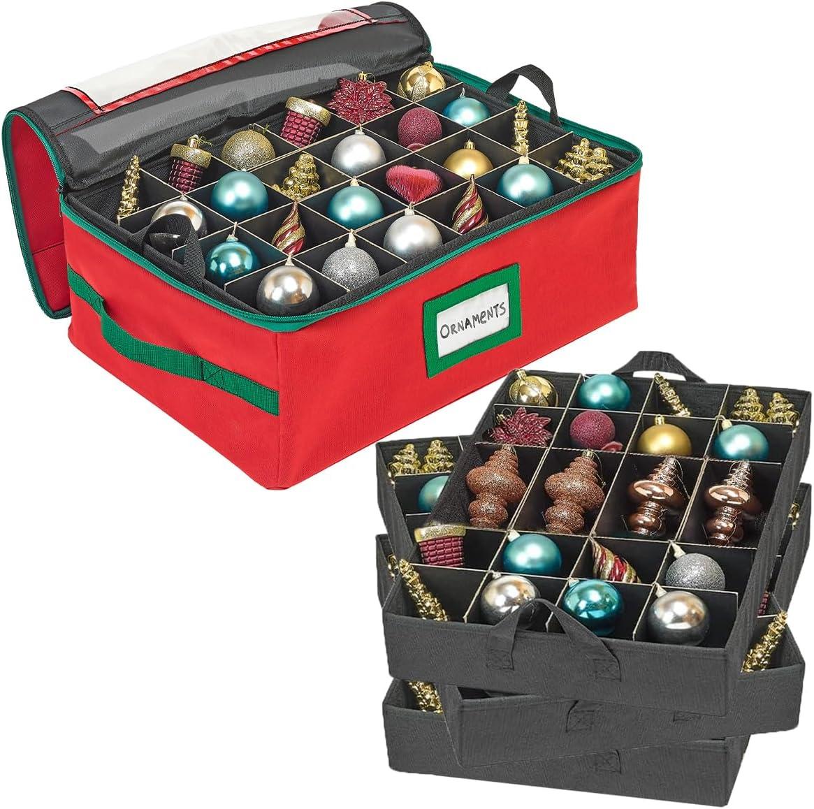 HOLDN’ STORAGE Christmas Ornament Storage Box with Dividers - Fits 72-3” Ornaments, 3 Removable Trays, Durable & Space-Saving, Clear Top Lid, Convenient Storage Designed, Red