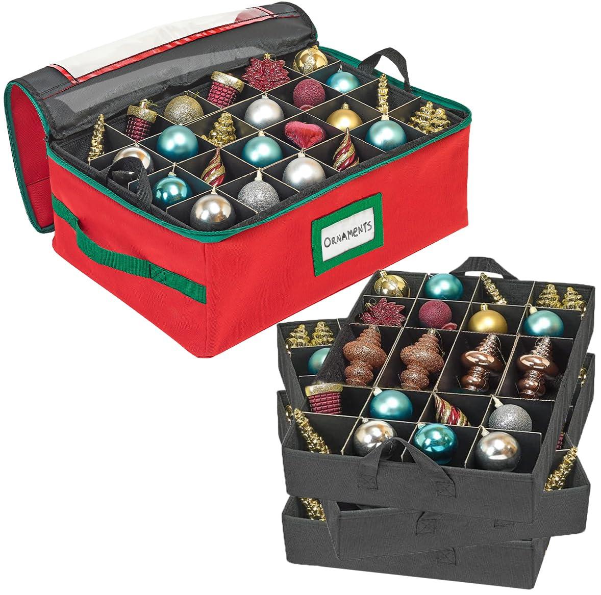 HOLDN’ STORAGE Christmas Ornament Storage Box with Dividers - Fits 72-3” Ornaments, 3 Removable Trays, Durable & Space-Saving, Clear Top Lid, Convenient Storage Designed, Red