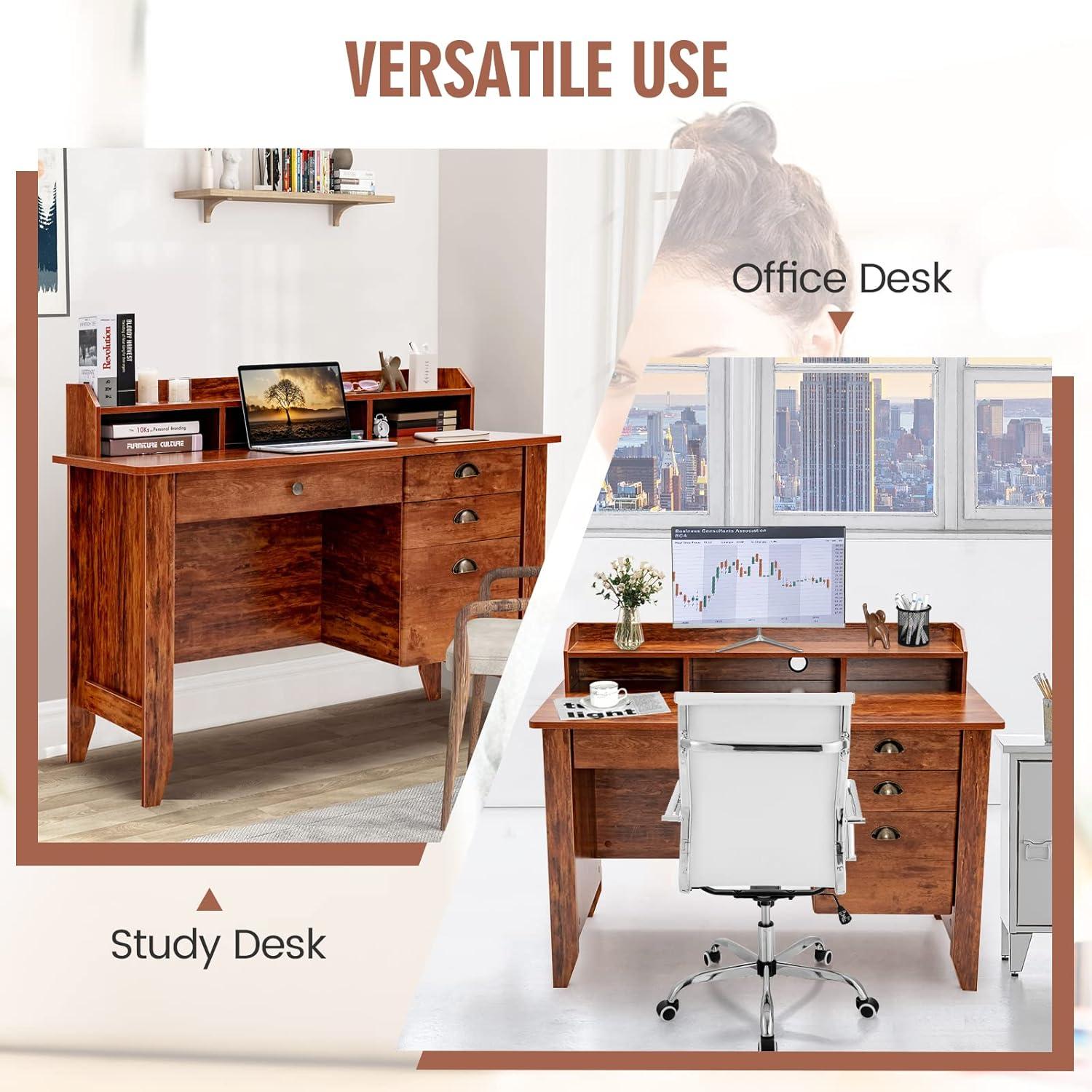 GVN Vintage Computer Desk with Storage Shelves and 4 Drawers-Rustic Brown, Desk for Bedroom, Gaming Computer Desks for Study,Working,Writing