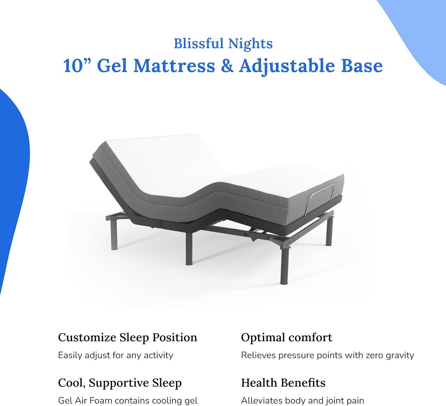 Blissful Nights e3 Twin XL Adjustable Bed Base Frame with 10" Medium Firm Gel Infused Memory Foam Mattress