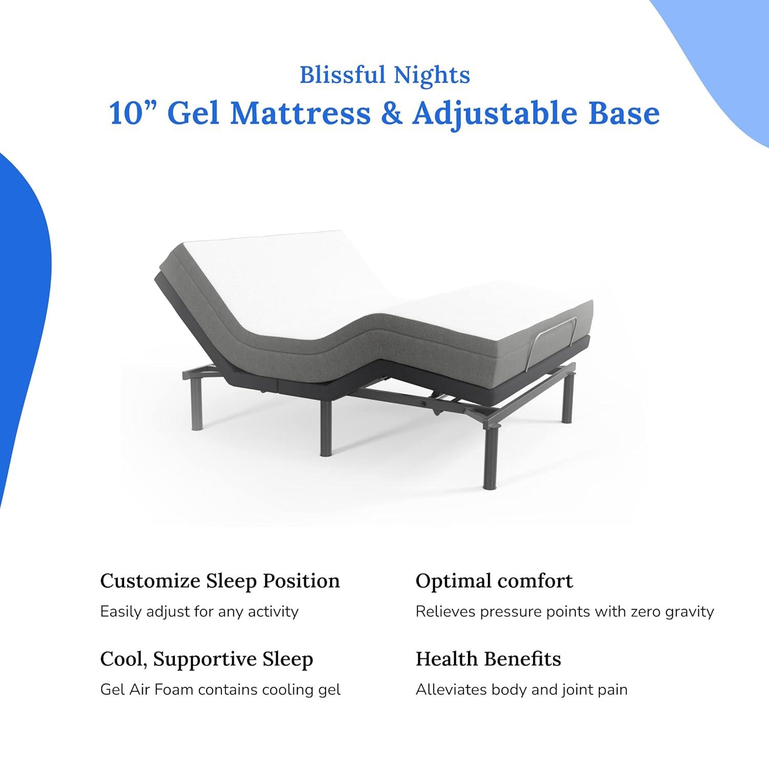 Blissful Nights e3 Twin XL Adjustable Bed Base Frame with 10" Medium Firm Gel Infused Memory Foam Mattress
