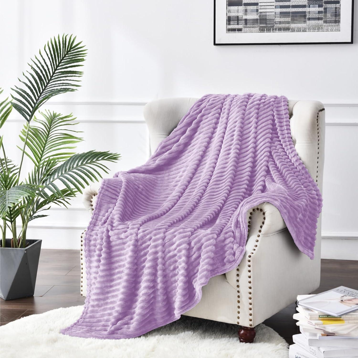 BEDELITE Fleece Throw Blanket for Couch 3D Ribbed Jacquard Cozy, Fluffy, Plush Lightweight Lavender Throw Blankets for Bed, Sofa, 50x60 inches